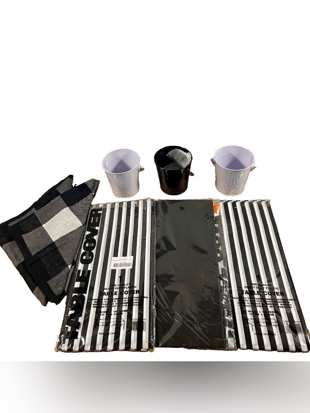 Black & White Table Setting Party Supplies Table Covers Handkerchiefs Metal Tins
